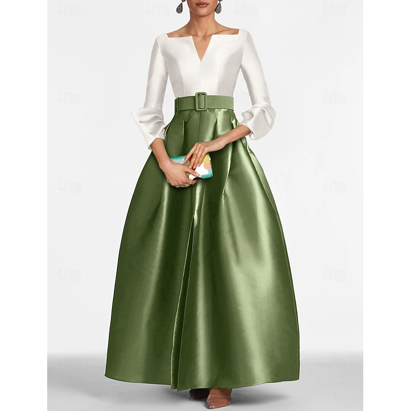 A-Line Evening Gown Elegant Dress Black Tie Floor Length 3/4 Length Sleeve V Neck Pocket Satin with Slit