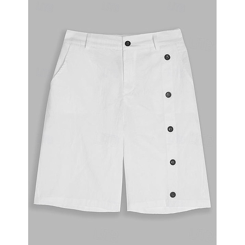 Men's Shorts Linen Shorts Summer Shorts Pocket Side Button Straight Leg Solid Color Comfort Breathable Knee Length Casual Daily Vacation Fashion White Green Inelastic4