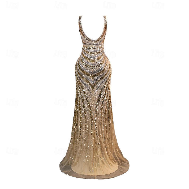 Mermaid Gold Evening Gown Sequined Elegant Dress Evening Party Engagement Court Train Sleeveless Queen Anne Fall Wedding Guest Backless with Beading Sequin Masquerade Dress2