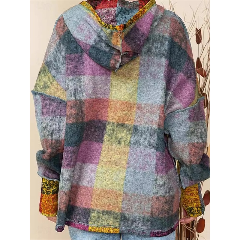 Women's Hoodie Sweatshirt Active Fashion Streetwear Plaid Street Dailywear Casual Hoodie Buttons Pocket Print Long Sleeve Green Fall Winter2