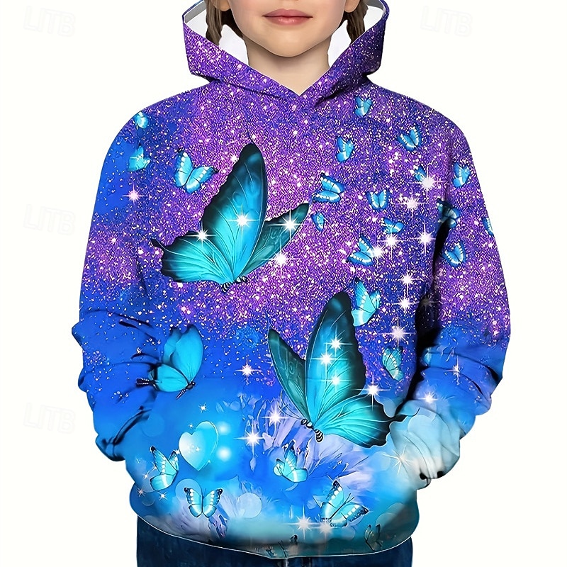 Girls' 3D Graphic Butterfly Hoodie Long Sleeve Fall Winter Fashion Adorable Basic Kids 4-12 Years Hooded Outdoor Casual Daily Regular Fit3