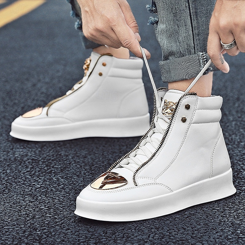 Men's White High-Top Sneakers with Gold Metallic Accents and Zipper Detailing - Luxury Streetwear Fashion Shoes4