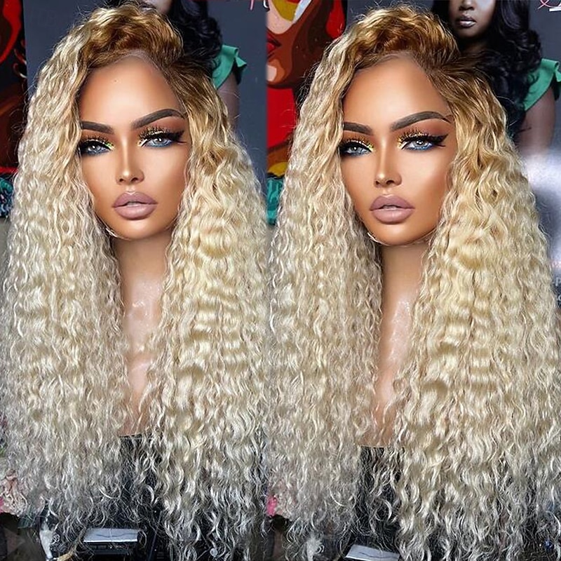 Remy Human Hair 13x4 Lace Front Wig Free Part Brazilian Hair Curly Water Wave Blonde Wig 130% 150% Density with Baby Hair Ombre Hair 100% Virgin Glueless Pre-Plucked For Women Long Human Hair Lace Wig2