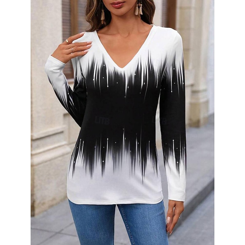 Women's T Shirt V Neck Long Sleeve Tunic Casual Color Block Print Regular Tops Daily Black Spring & Fall