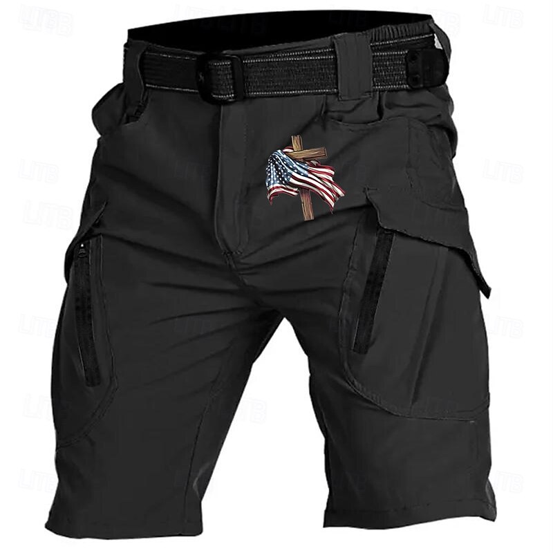 Men's Cross American Flag Cargo Shorts Mid Waist Sports Fashion Streetwear Sports Outdoor Casual Daily Drawstring Side Pockets Elastic Waist Designer Clothing Apparel