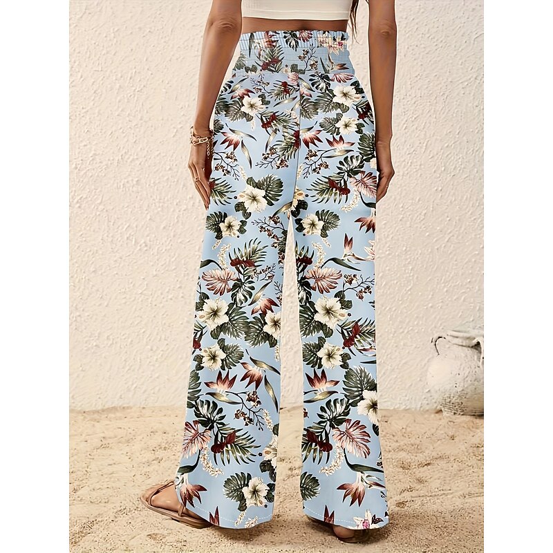 Women's Wide Leg Pants Trousers Casual Daily Long Floral Wide Leg Printing Breathability Comfortable Micro-elastic Vacation Weekend Pink Navy Blue Blue Apricot Spring & Summer Regular Fit2