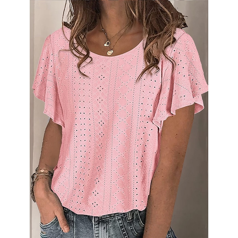Women's White Elegant Lace Tops Eyelet Blouse Stylish Casual Solid Color Butterfly Sleeve Short Sleeve Regular Tops Crew Neck Daily Romantic Petite Tops Summer Holiday Wear White Pink Purple Green2