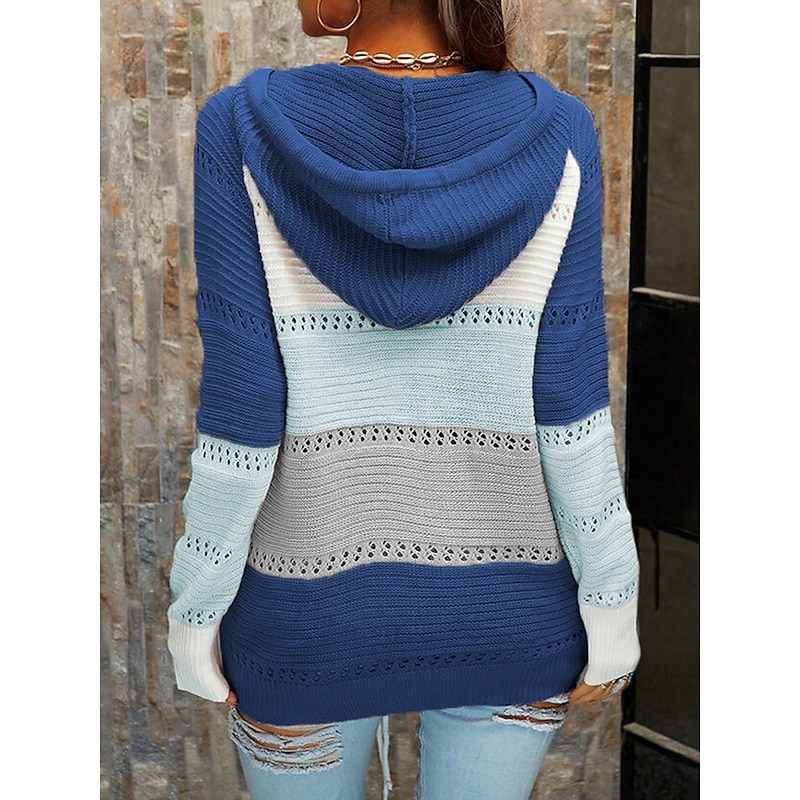 Women's Sweater Casual Sweater Casual Soft Color Block Crew Neck Lace up Hooded Long Sleeve Regular Tops Knit Outdoor Daily Weekend Black Pink Fall Winter