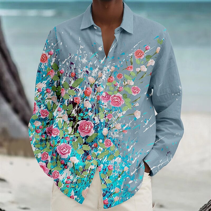 Men's Floral Beach Shirt Button Up Shirt Long Sleeve Hawaiian Casual Vacation Daily Fall Spring & Summer Collared Shirts 3D Print White Pink Blue Purple Green3