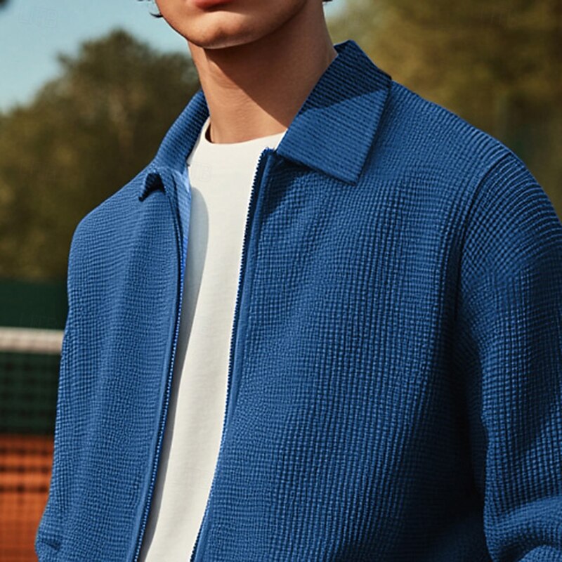 Men's Lightweight Jacket Waffle Jacket Shirt Jacket Formal Home Pocket Spring Fall Solid Color Active Neutral Shirt Collar Regular Waffle Fabric White Blue Gray Jacket2