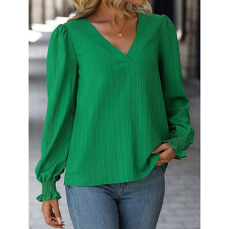 Women's Tunic Blouse Solid Color Stylish Modern Long Sleeve Puff Sleeve V Neck Regular Tops Work Daily Ruffle Pink Purple Green Light Blue Spring Fall3
