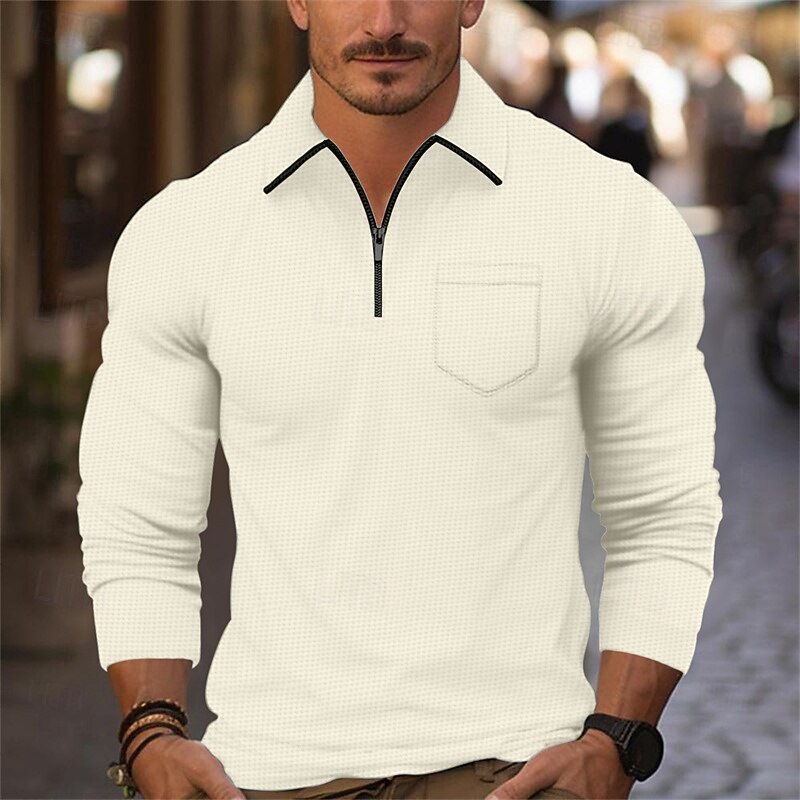 Men's Waffle Polo Shirt Quarter Zip Polo Daily Holiday Quarter Zip Long Sleeve Fashion Modern Plain Front Pocket Spring &  Fall Regular Fit Black White Navy Blue Light Grey Beige Waffle Polo Shirt3