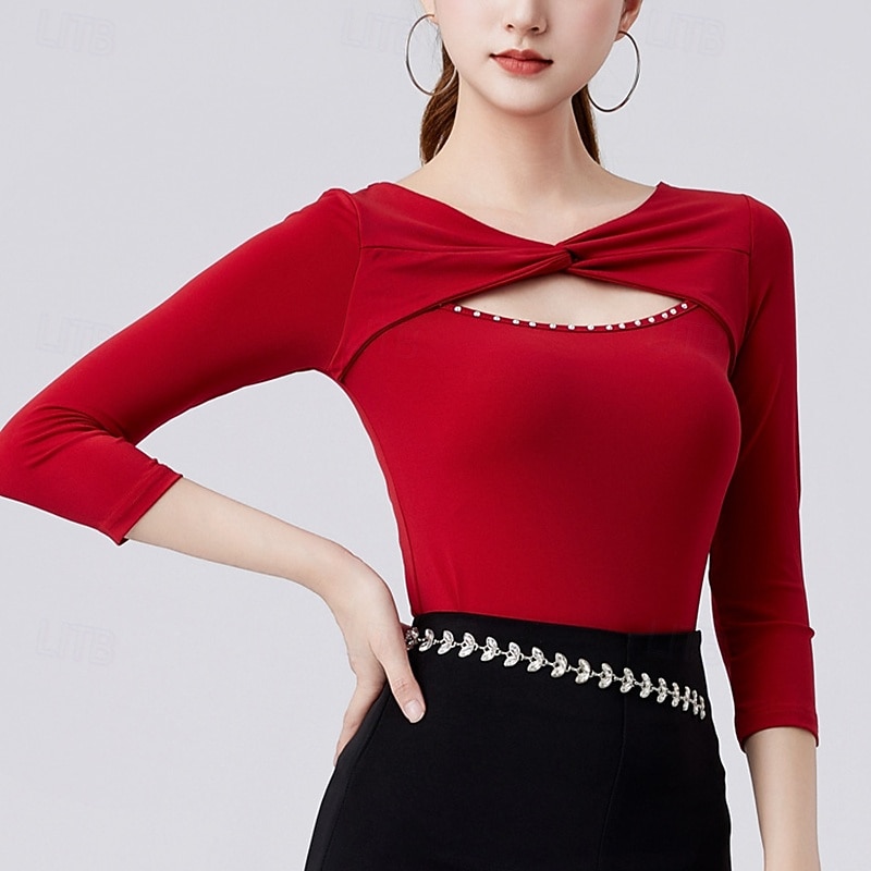 Latin Dance Top Pure Color Splicing Crystals / Rhinestones Women's Performance Training 3/4 Length Sleeve High Polyester