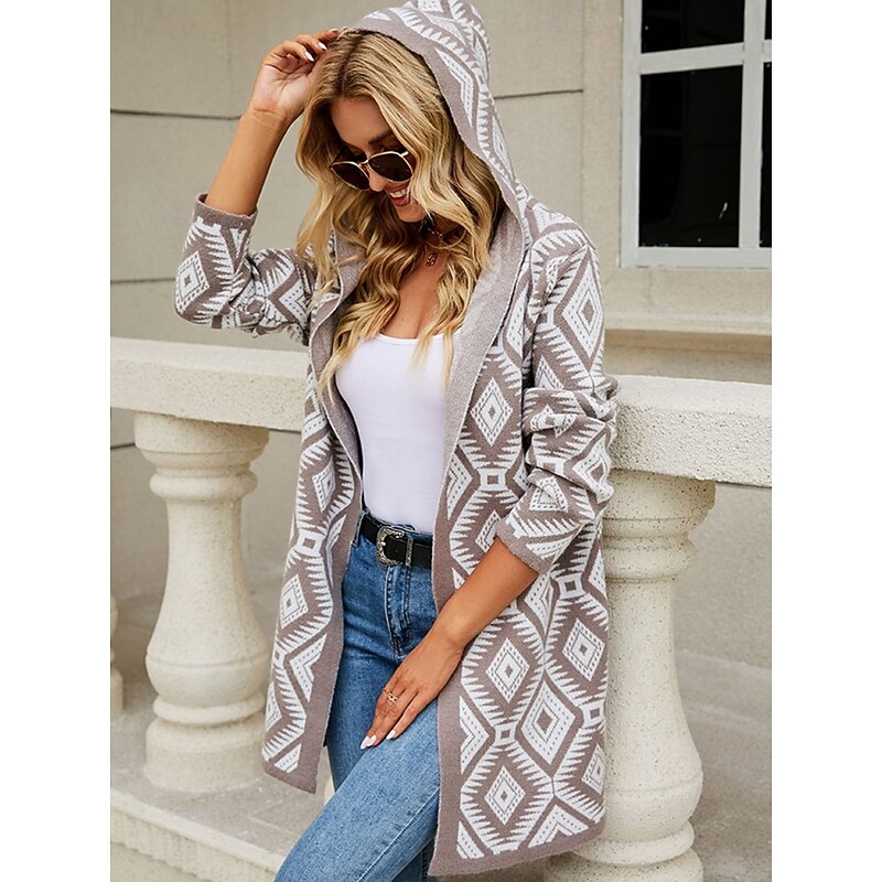 Women's Zip Sweater Sweater Jacket Casual Sweater Casual Soft Geometric Paisley Crew Neck Zipper Hooded Long Sleeve Regular Tops Knit Outdoor Daily Weekend Wine Red Black Fall Winter3