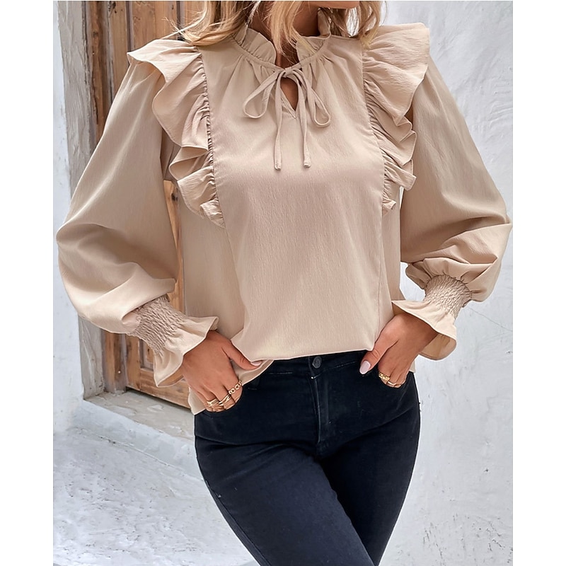 Women's Blouse Stylish Modern Ruffle Long Sleeve Regular Tops V Neck Work Daily Camel Spring Fall4