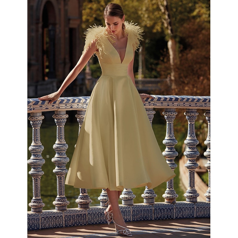 A-Line Cocktail Dresses Elegant Dress Wedding Guest Ankle Length Sleeveless V Neck Pocket Satin with Feather Dresses