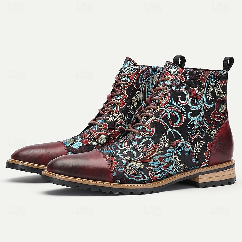 Men's Premium Leather Floral Oxford Boots – Vintage Paisley Design, Bohemian Lace-Up Ankle Boots, Perfect for Casual Outings & Formal Occasions3