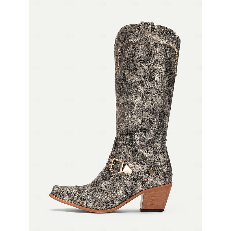 Women's Vintage Western Cowboy Boots - Distressed Metallic Finish with Decorative Buckle and Stacked Heel, Perfect for Country Style and Festivals3