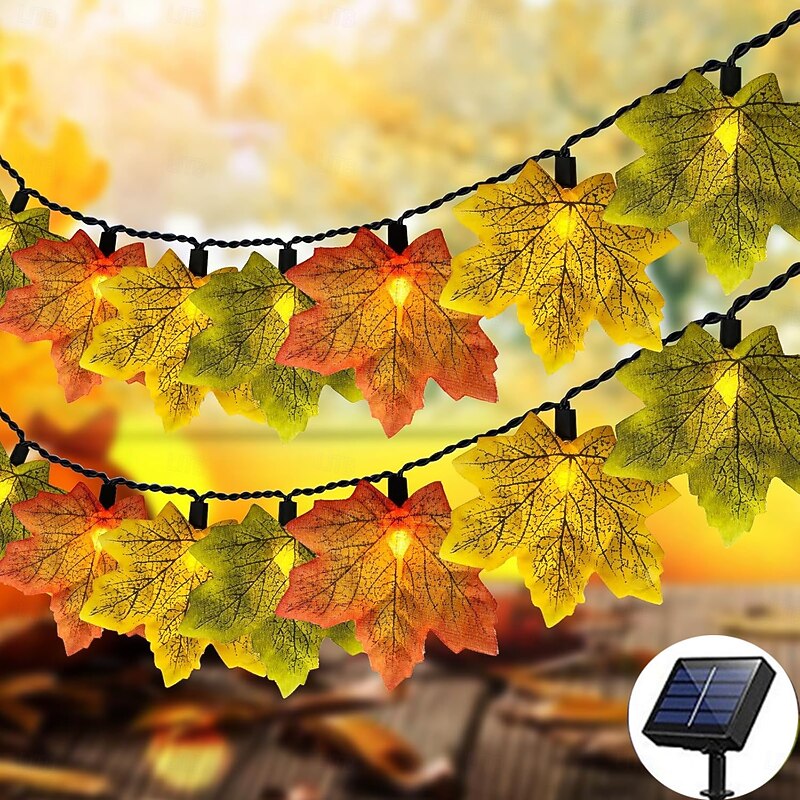 Solar Powered Artificial Maple Leaf Garland String Lights 6.5m 30LEDs Thanksgiving Halloween Autumn Leaves Decoration Outdoor Indoor Garden Patio Fireplace for Holiday Atmosphere Lighting4