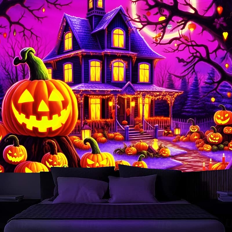 Halloween Decorations Blacklight Tapestry Pumpkins Halloween Trees UV Reactive Glow in the Dark Party Psychedelic Trippy Misty Hanging Tapestry Wall Art Mural for Living Room Bedroom Ghost Castle3