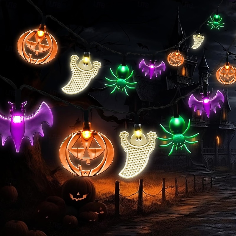 Solar Halloween String lights Outdoor Waterproof Ghost Light 6.5m 30LEDs Lighted Pumpkin Bat Ghost Spider Outdoor Decor Solar Halloween Lights for Family Party Patio Decoration