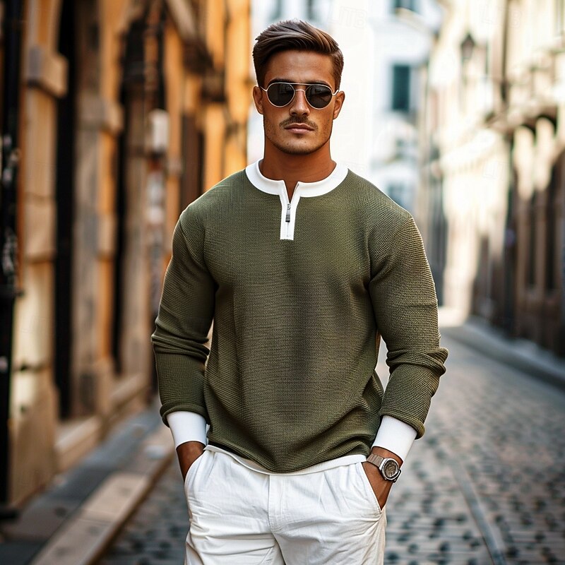 Men's Waffle T-shirt Quarter Zip Tee Tee Top Long Sleeve Shirt Long Sleeve Crewneck Spring &  Fall Color Block Fashion Designer Basic Zipper Fake two piece Vacation Street Going out Dark Brown Army2