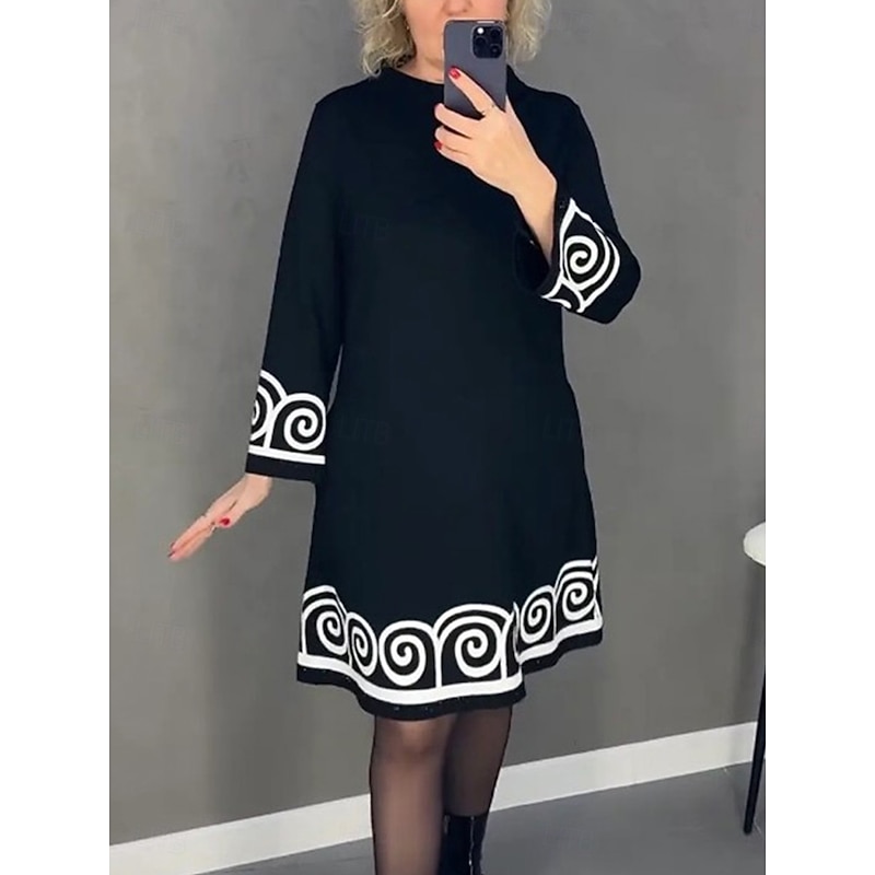 Women's Little Black Dress A Line Dress Fashion Workfashion Midi Dress Print Stand Collar Long Sleeve Geometric Loose Fit Black Spring Fall S M L XL 2XL