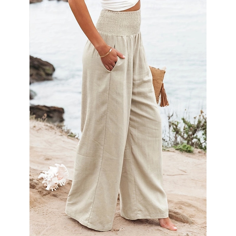 Women's Cotton Linen Shorts Linen-Inspired Pants Cotton Linen Pants Comfort Full Length Solid Color Plain Pocket Elastic Waist Causal rice white Black Summer Spring Fall