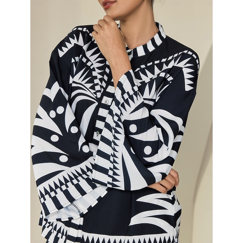 Women's Blouse Black High Neck Satin Geometric Flare Cuff Sleeve Casual Daily Vacation Spring Fall3