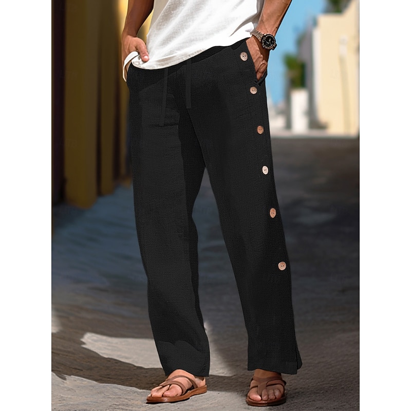 40% Linen Men's Linen Pants Trousers Summer Pants Baggy Pants Drawstring Elastic Waist Side Button Plain Comfortable Breathable Vacation Office / Career Daily Classic Casual Black White2