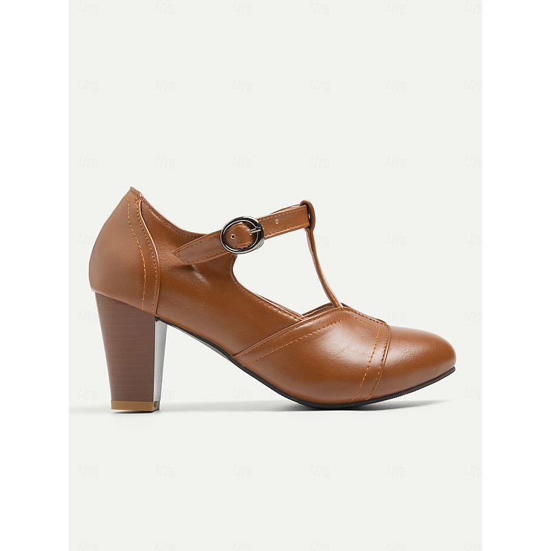 Women's Classic Brown Leather T-Strap Pumps with Chunky Heel, Vintage Office Shoes2