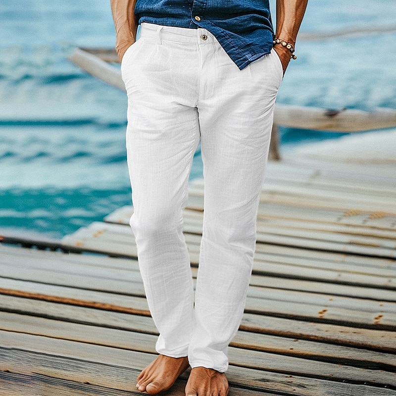Men's Linen Pants Trousers Dress Pants Summer Pants Beach Pants Front Pocket Straight Leg Plain Comfort Breathable Full Length Formal Business Holiday Fashion Basic Black White Inelastic - Main Image