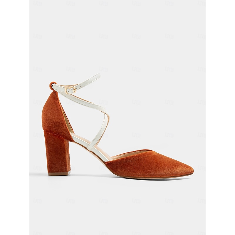Chic Two-Tone Women's Ankle Strap Heels - Elegant Suede Finish in Burnt Orange and Cream, Perfect for Office Wear and Evening Outfits4