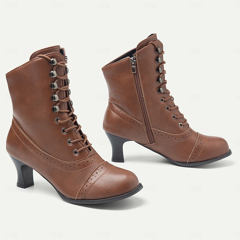 Women's Victorian Brown Lace-Up Mid-Heel Boots with Zipper - Perfect for Everyday Wear and Vintage-Themed Events2
