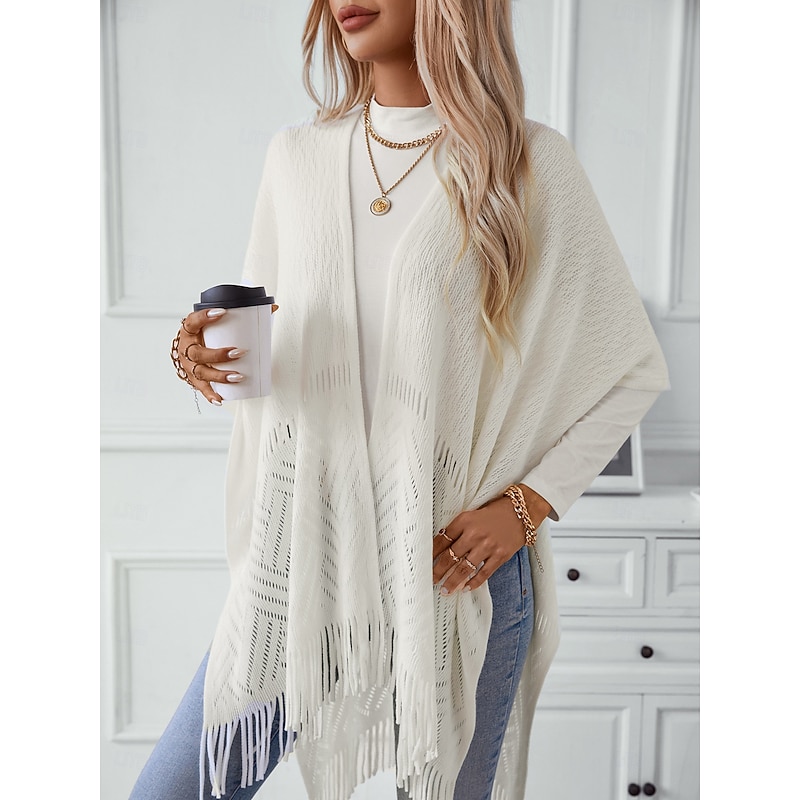Women's Shrug Stylish Casual Solid Color Ribbed Open Front Tassel Knitted Sleeveless Regular Tops Knit Outdoor Daily White Khaki Fall Winter4