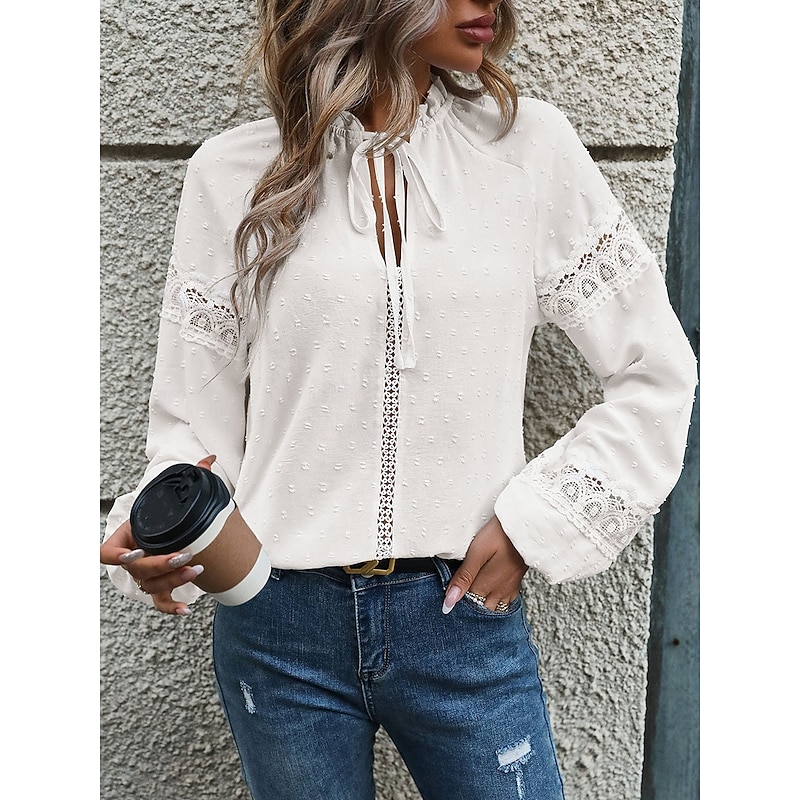 Women's White Elegant Lace Tops Eyelet Blouse Casual Solid Color Tie Front Lace Long Sleeve Regular Tops Notched Neck Daily White Romantic Petite Tops Summer Holiday Wear Semi Formal Blouses2
