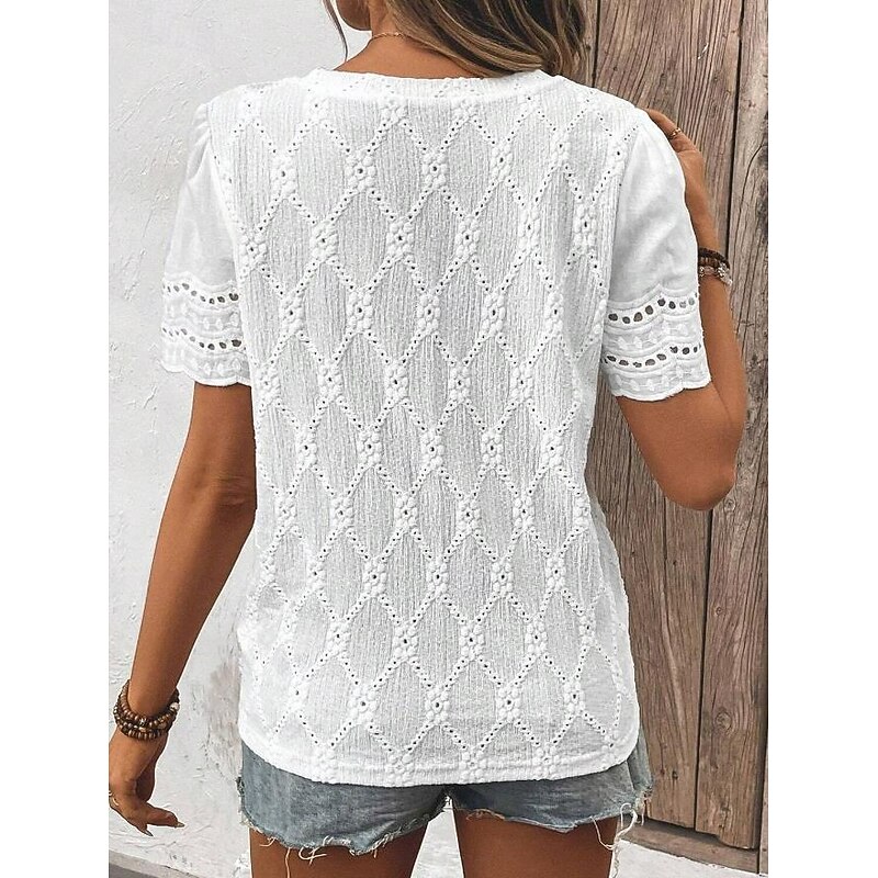 Women's Blouse Elegant Modern Solid Color Eyelet Short Sleeve Crew Neck Daily White Summer2