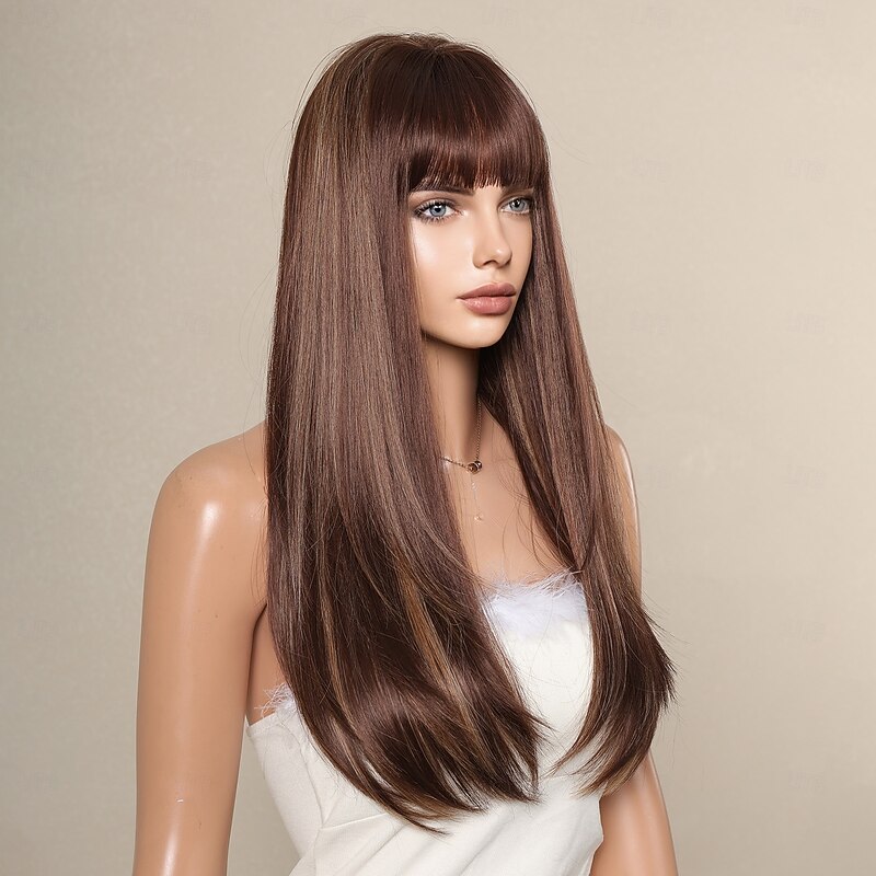 Synthetic Wig Straight kinky Straight Middle Part Wig 26 inch Dark Brown Synthetic Hair Women's Middle Part Cool Adorable Dark Brown4