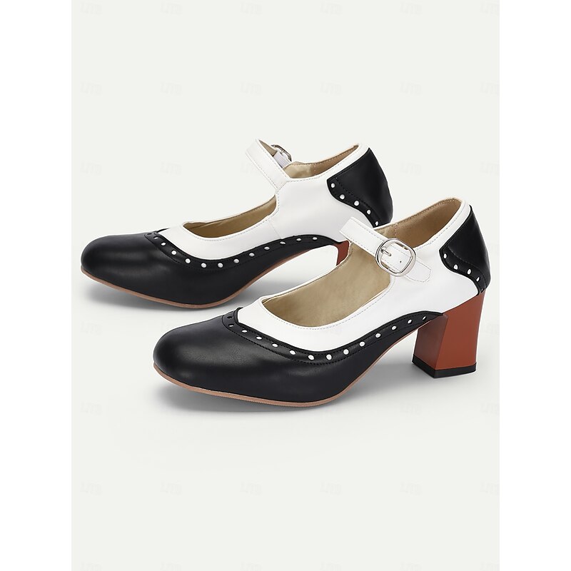 Women's Black and White Mary Jane Block Heel Shoes - Retro Style with Buckle Strap for Vintage-Inspired Outfits2