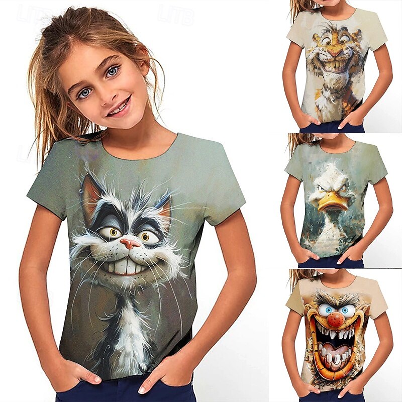 Girls' 3D Graphic Cartoon T shirt Tee Short Sleeve Summer Spring Fashion Basic Kids 4-12 Years Crew Neck Outdoor Casual Daily Regular Fit