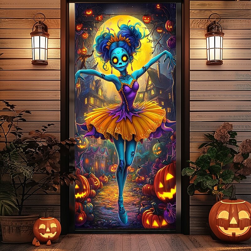 Halloween Door Decorations Halloween Door Covers Jack O Lantern Pumpkin Door Tapestry Door Curtain Decoration Backdrop Door Banner for Front Door Farmhouse Holiday Party Indoor Outdoor Decor Supplies4