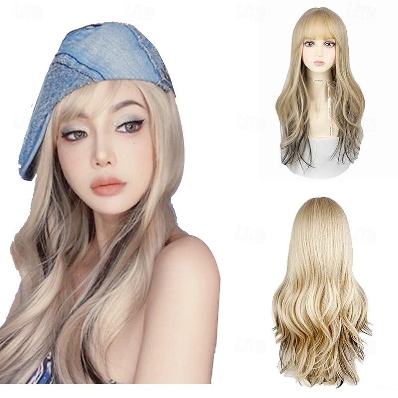 22 Inches long Wavy Hair Wig for Women Blonde Black Synthetic Hair Natural Curly Wig With Air Bangs Party Cosplay Wig for Girl2