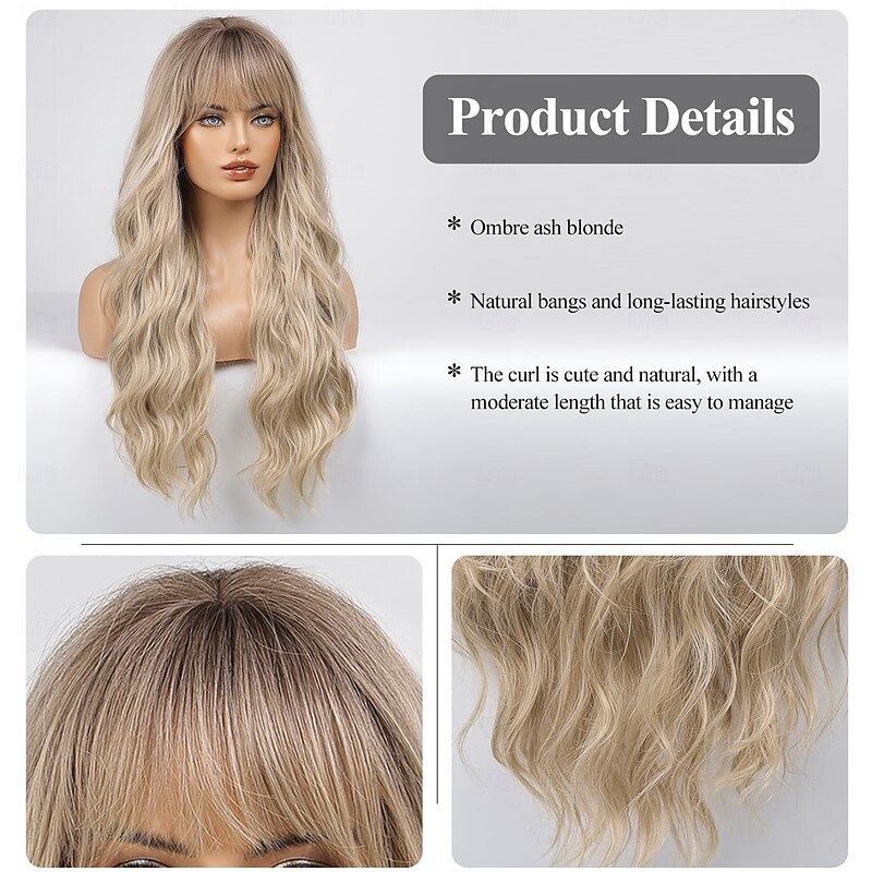 Wig Long Curly Wig with Bangs Natural Appearance Heat-Resistant Synthetic Wig Suitable for Fashionable Women3