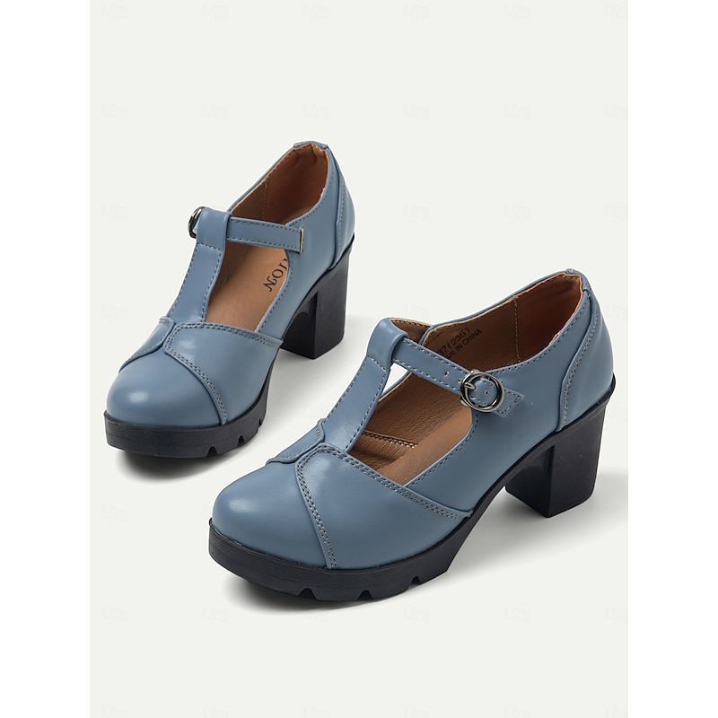 Women's Blue Mary Jane Chunky Heel Shoes - Retro T-Strap Design for Office and Casual Wear4