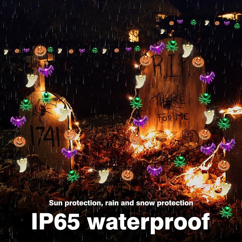 Solar Halloween String lights Outdoor Waterproof Ghost Light 6.5m 30LEDs Lighted Pumpkin Bat Ghost Spider Outdoor Decor Solar Halloween Lights for Family Party Patio Decoration2