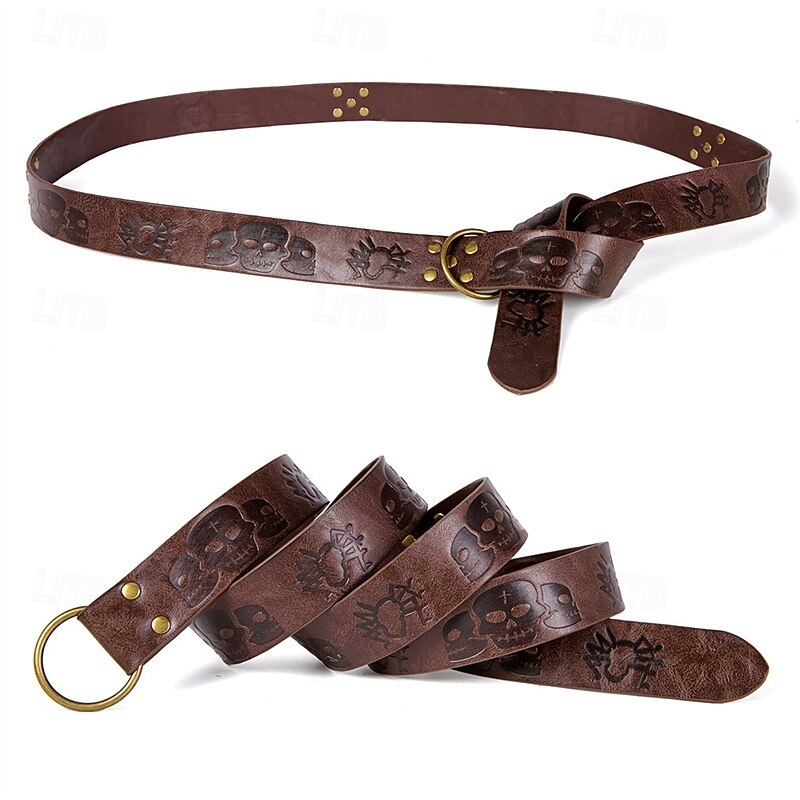 Men's Belt Waist Belt Black Brown PU Alloy Retro Adjustable Skull Pumpkin Halloween Daily4