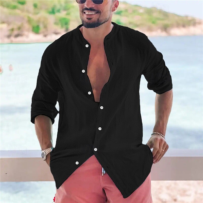 Men's Shirt Band Collar Shirt Popover Shirt Summer Shirt Beach Wear Button Up Shirt Plain Vacation Curise Black White Pink Green Long Sleeve Band Collar Spring & Summer Clothing Apparel3