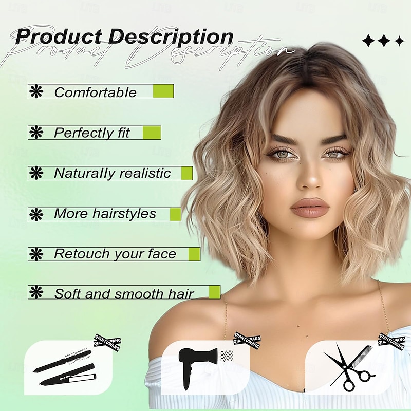 Short  Wigs Wavy Curly Bob Wig Shoulder Length Middle Part Wigs Natural Looking Synthetic Blonde Hair Wigs for Women Daily Party Use4