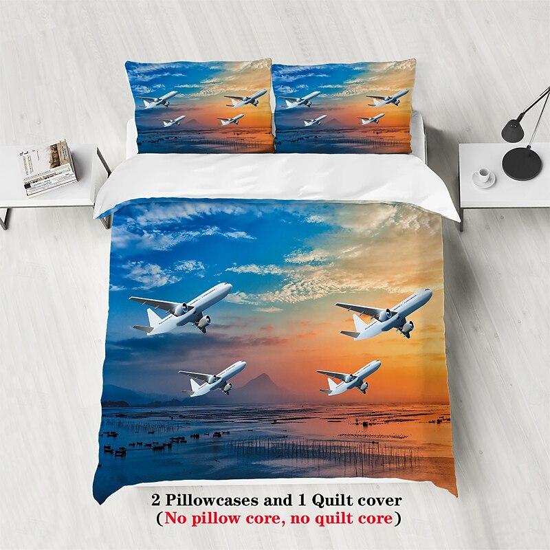 Sunset Sunset Civil Aviation Aircraft Printed 3-Piece Down Quilt Set Hotel Bedroom Guest Room Luxury Bedding Comfortable Set 1 Down Quilt Set 2 Pillowcases Queen Bed Set 2 Piece Set 3 Pie2