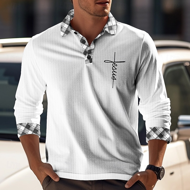 Men's Faith Waffle Polo Shirts Golf Shirt Long Sleeve Polo Shirts Collared Shirts Casual Vacation Wear Party Outfits Buttons 3D Print Spring & Summer Black White Orange2
